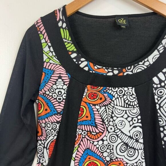 Oze Women’s Medium Psychedelic Bohemian Art to Wear Mini 3/4 Sleeve Dress Black - Picture 12 of 14